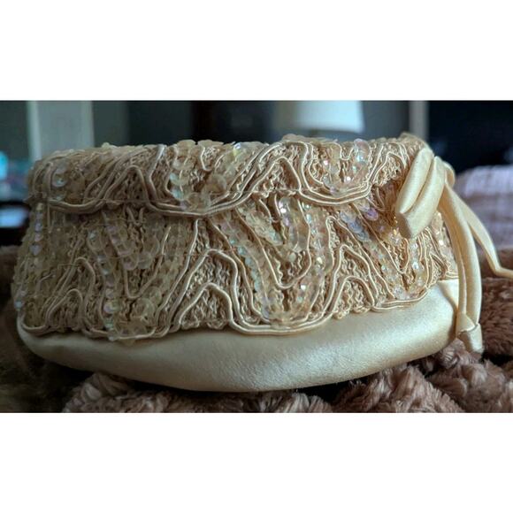 Vtg 1950s Evelyn Varon Sequin Lace Cocktail Hat Fascinator Cap Beige Pancake main image 9